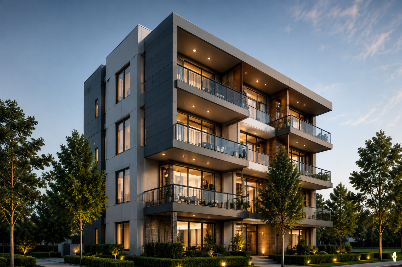 Modern residential building at dusk