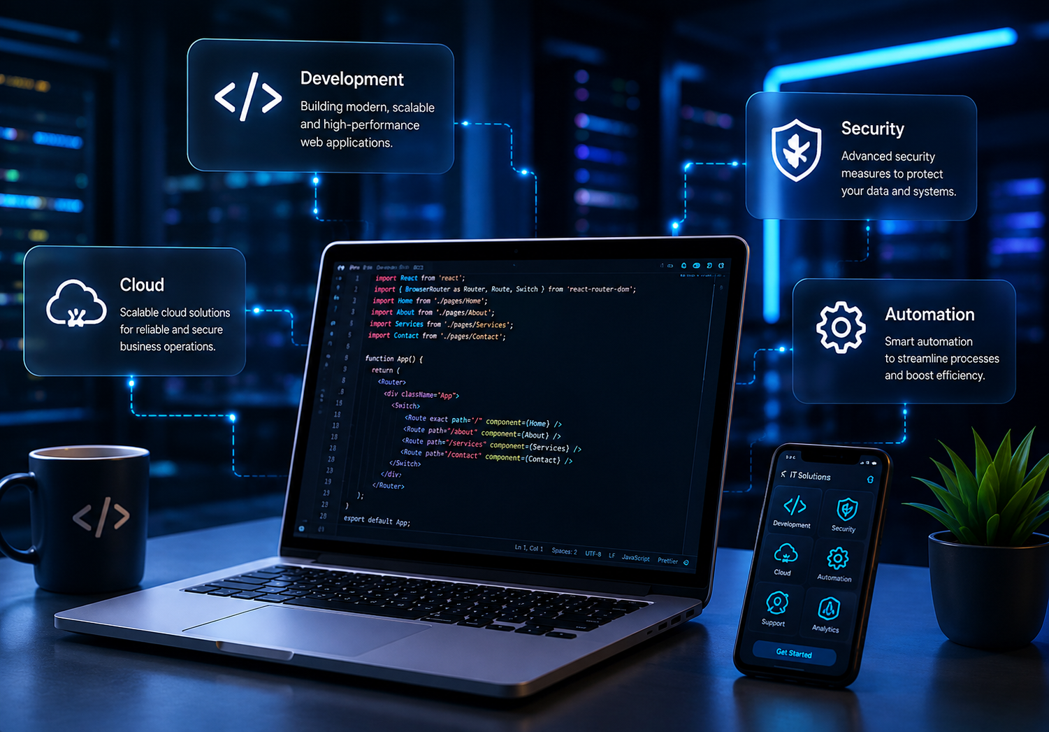Developer workspace with laptop and code